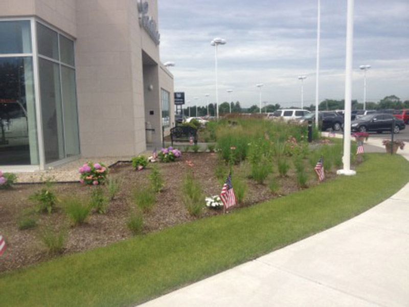 Landscaped area with flowers and small flags beside a building and parking lot.