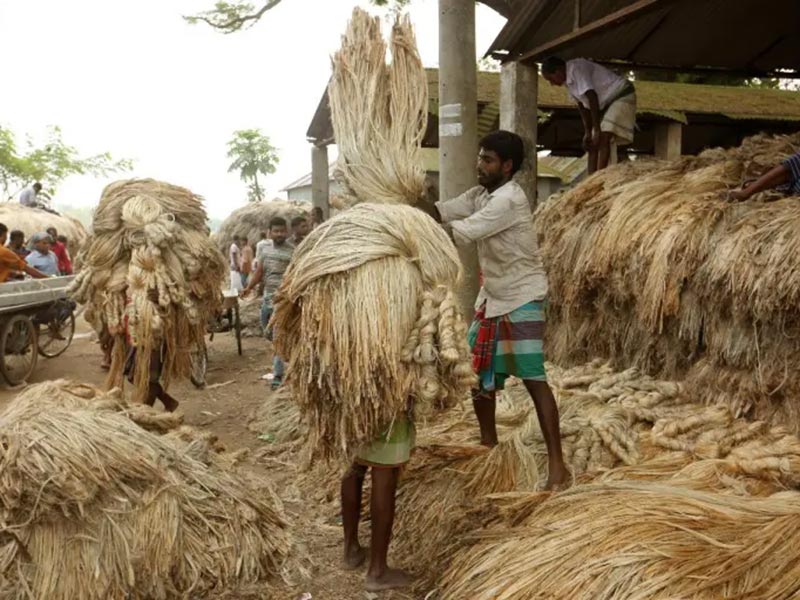 Workers handling large bundles of fiber in an outdoor market area.
